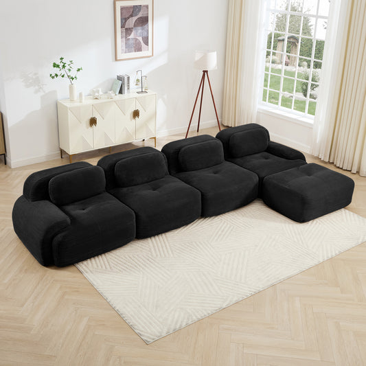 4-seat L-shaped Sofa 32D High-resilience Sponge Anti-slip Design Chaise Design Extra-wide Curved Armrests Multi-free Combination No Assembly For Studies Living Rooms Media Rooms,Black