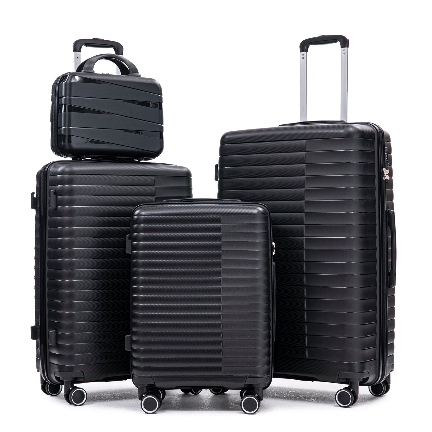 14  20  24  28  4 Pcs  Set In PP Spinner Wheel Luggage, Carry On Suitcase, Iron Pull Rod, Combination Password Lock, 14 Cosmetic Case Black