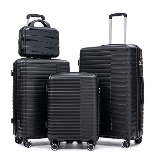 14  20  24  28  4 Pcs  Set In PP Spinner Wheel Luggage, Carry On Suitcase, Iron Pull Rod, Combination Password Lock, 14 Cosmetic Case Black