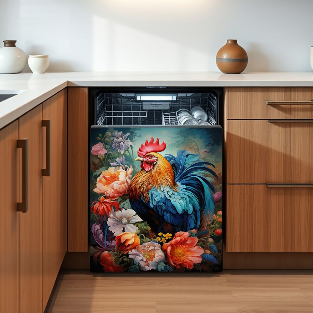 1 Piece 2D Flat Dishwasher Magnet Cover, Rooster And Flowers - Refrigerator Door Sticker, Easy To Clean Appliance Panel Sticker