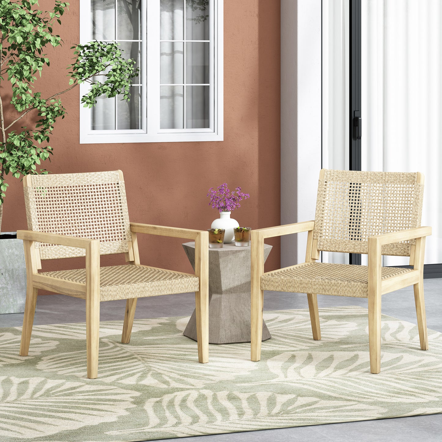 Outdoor Wicker And Acacia Wood Club Chairs, Set Of 2, Light Multibrown And Light Brown, 34 H X 25 W X 27.25 D