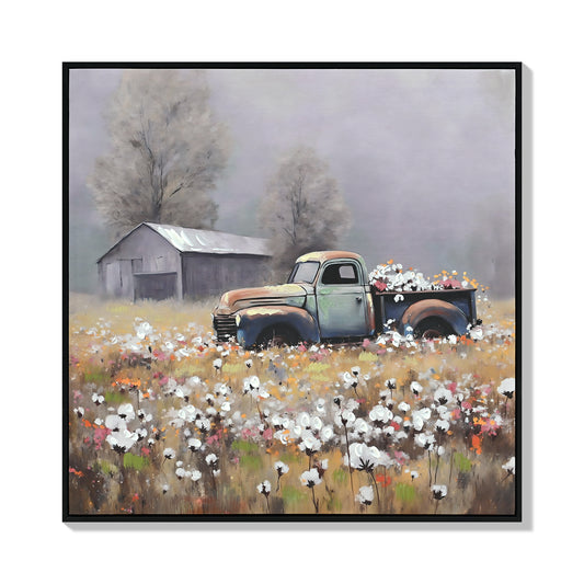 Farmhouse Old Truck Canvas Wall Art, Old Barn Pictures Wall Art, Country Antique Pickup Truck Canvas Prints, Blue Truck With Red Floral Flower Art Prints For Farmhouse Spring Decor 24 Hx24 W Inches