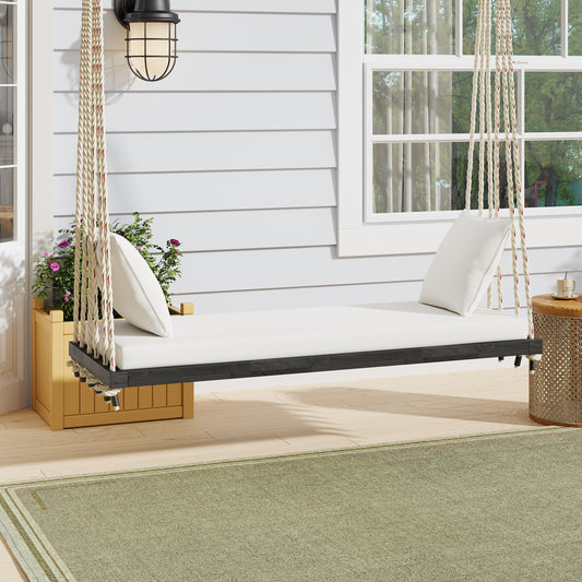 TOPMAx Patio Wooden Swing Chair  Hanging Porch Swing Bench With Cushion&Pillows  10.8Ft Hemp Ropes For Garden    Lawn Brown