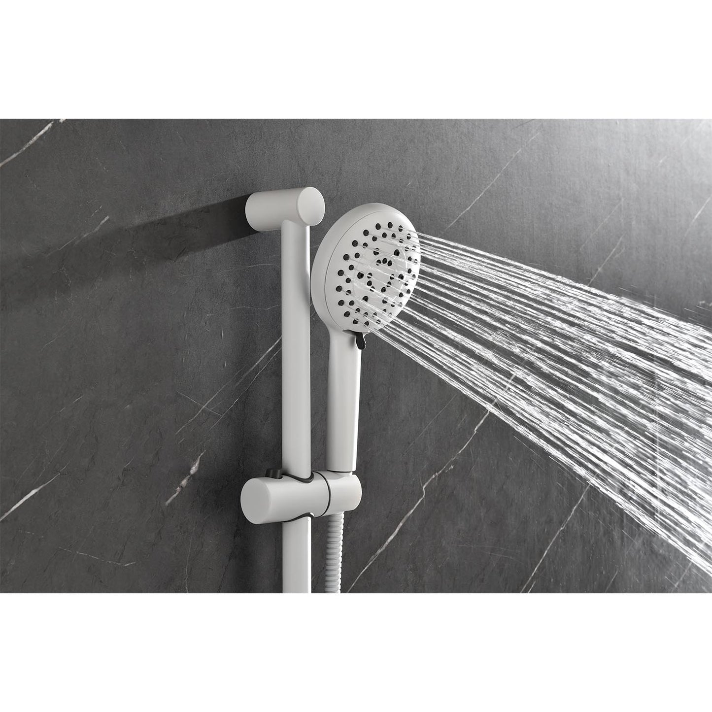 Shower System With Shower Head, Hand Shower, Slide Bar, Bodysprays, Shower Arm, Hose, Valve Trim, And Lever Handles