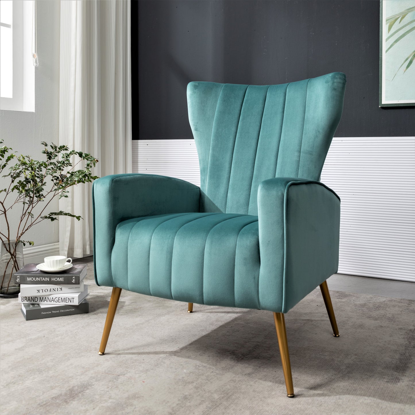 Velvet Accent Chair With Metal Legs, Modern Upholstered Armchair, Wingback Side Chair For Living Room Bedroom Small Spaces