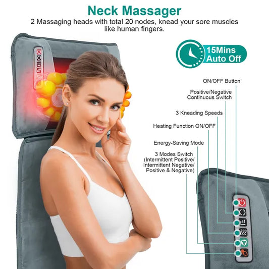 Full Body Massage Mat With Neck Kneading Massager - 10 Targeted Points & 3-Level Lumbar Heating, 9 Vibration Modes&9 Speeds, 20-Node Neck Massage -Heating & 3 Modes, 10-30min Smart Timer, Anti-Slip B