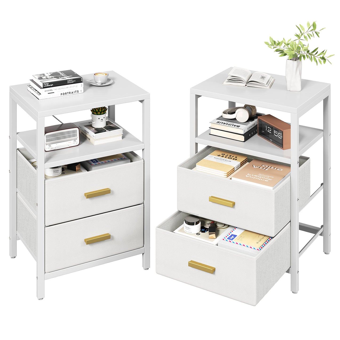 2pcs Nightstand White Modern Bed Side Table With 2 Fabric Drawers 2 Tier Shelf For Home Bedroom
