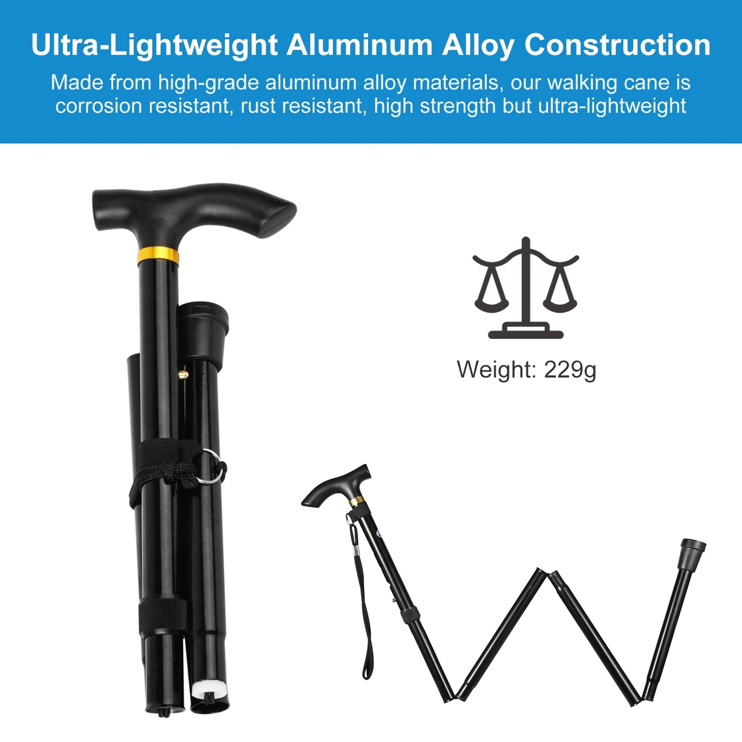 1Pc  Walking Cane Aluminum Alloy Walking Stick Adjustable Folding Travel Hiking Stick Antislip