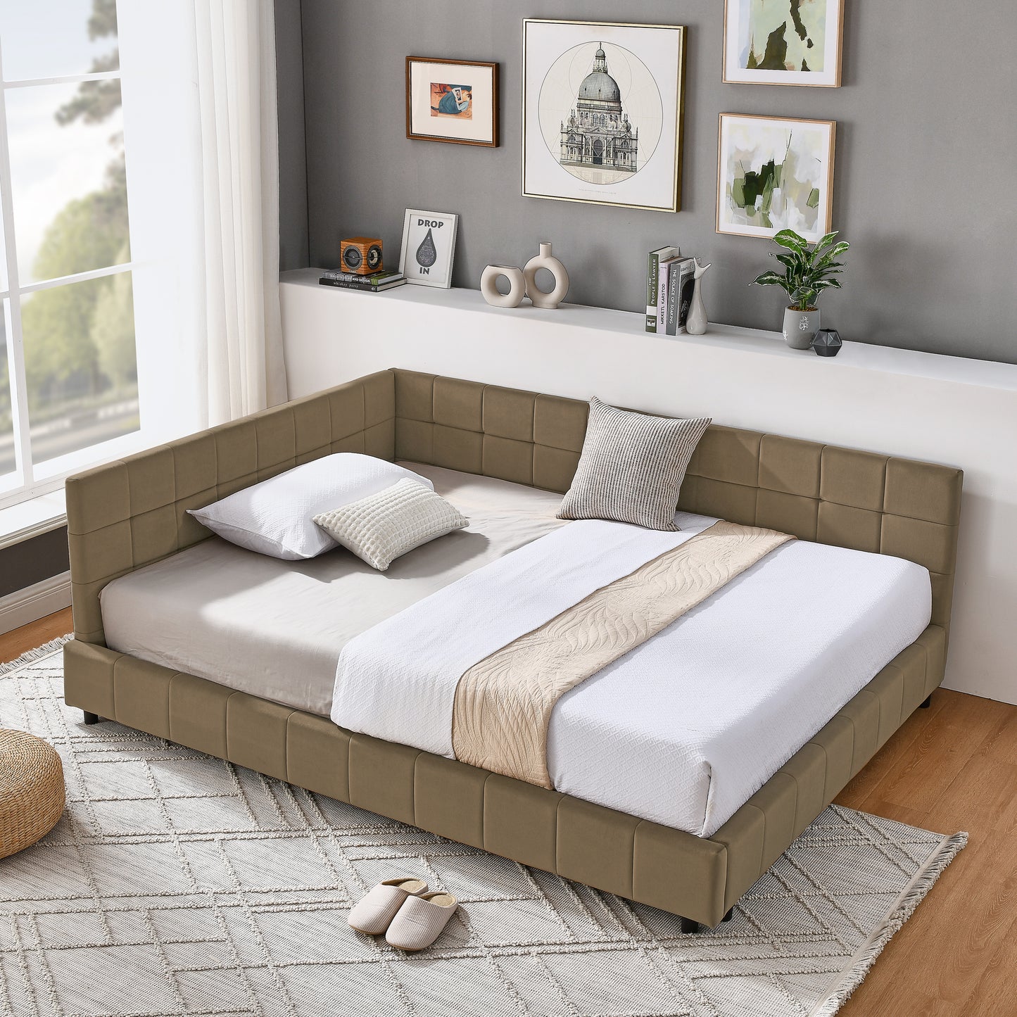 Full Size Upholstered Tufted  Bed Frame, Sofa Bed Frame With Comfortable Backrest And Armrests, Full Size Bed For Bedroom, Living Room,Velvet, BROWN80.5 X59 X30.5