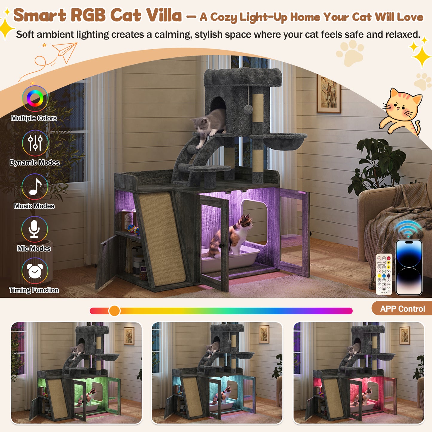 Litter Box Enclosure With Cat Tree, Hidden Litter Box With LED Light, Sisal Scratching Board And Storage Space, Modular  Litter Box Furniture With Condo And Platform, All-in-one Cat Tower,Grey
