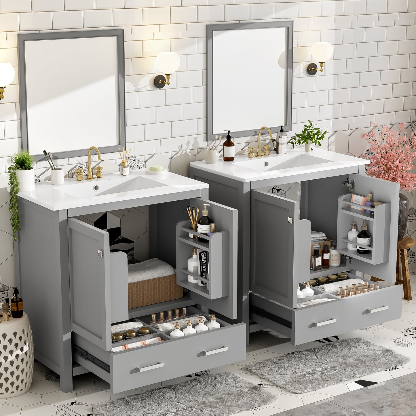 60  Grey Bathroom Vanity Set With Double Vanities  Separate , Double Ceramic Sinks, Storage Shelf, And Divided Drawers   Mirror Not Included  Modern Bathroom Solution For Spacious Bathrooms
