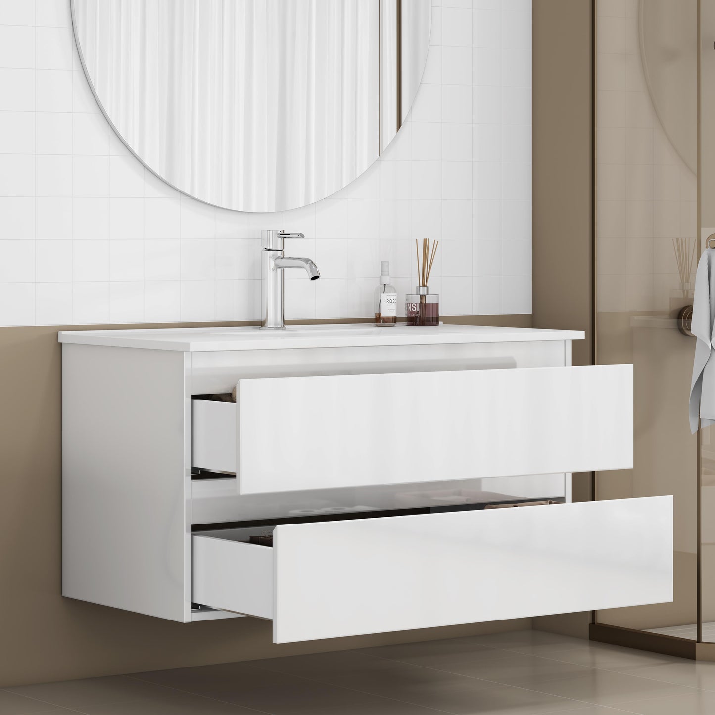 36-inch Bathroom Vanity With Sink Combo,Cabinet With 2 Big Drawers,Soft Close System,2 Big Drawers,Handle-Free Design,Easy Assemble,Glossy White