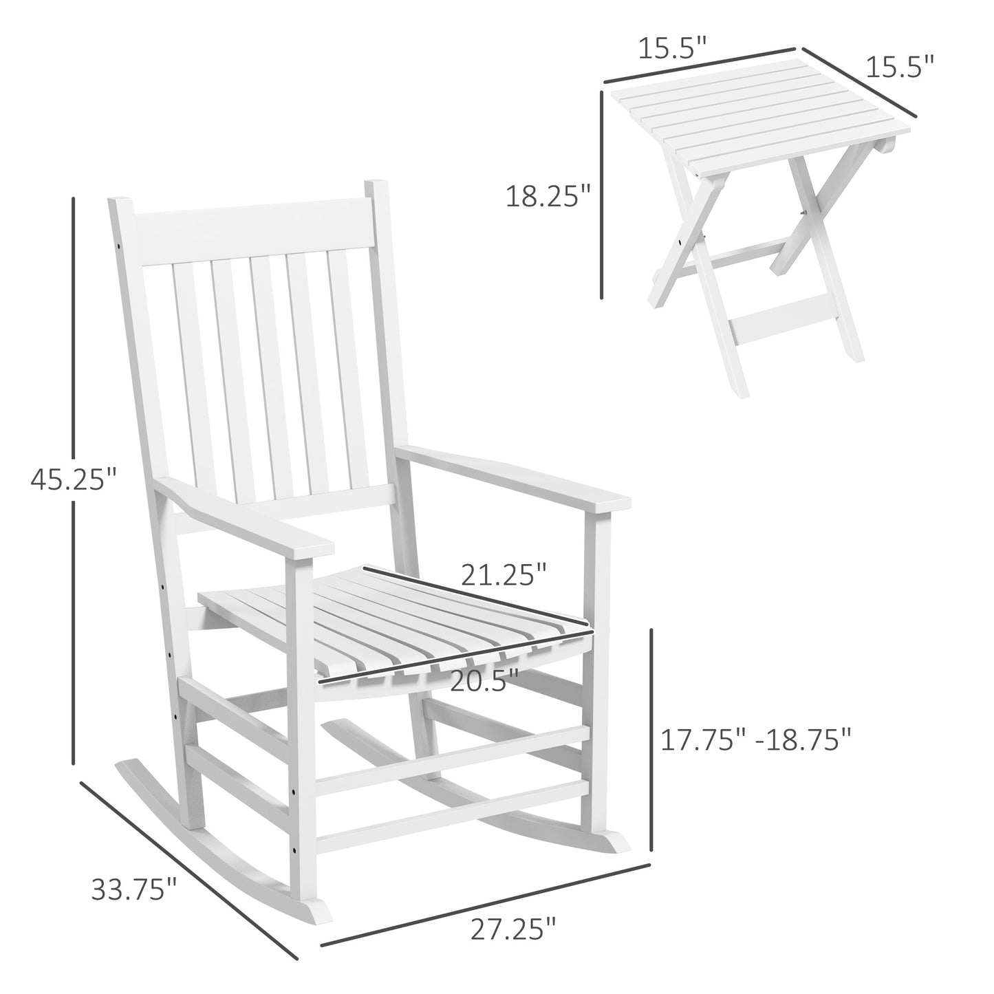 Outdoor Rocking Chair Set Of 2 With Side Table, Patio Wooden Rocking Chair With Smooth Armrests, High Back For Garden, Balcony, Porch, Supports Up To 352 Lbs. , White