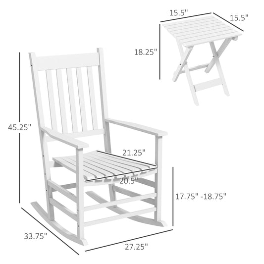Outdoor Rocking Chair Set Of 2 With Side Table, Patio Wooden Rocking Chair With Smooth Armrests, High Back For Garden, Balcony, Porch, Supports Up To 352 Lbs. , White
