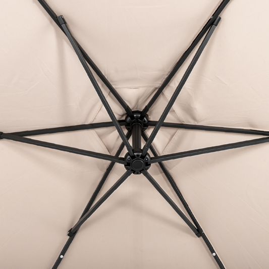 10FT Round Banana Hanging Patio Umbrella With 18 LED Lights, 6 Iron Ribs, Iron Straight & Curved Pole, Waterproof Polyester Canopy, With Stand Sleeve And Cross Base, Khaki