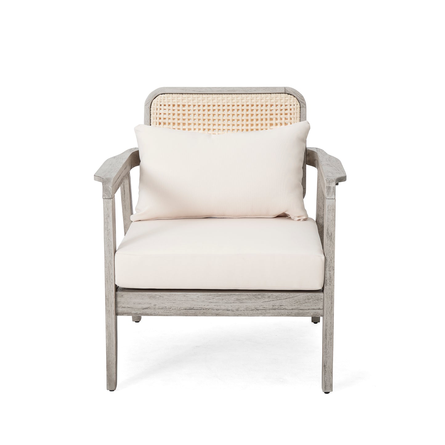Outdoor Acacia Wood Patio Club Chair, Patio Furniture,Waterproof Thick Cushion Deep Seating For Porch, Garden, Backyard, Balcony, Weight Capacity 400lbs, Light Gray Finish, Cream Cushion