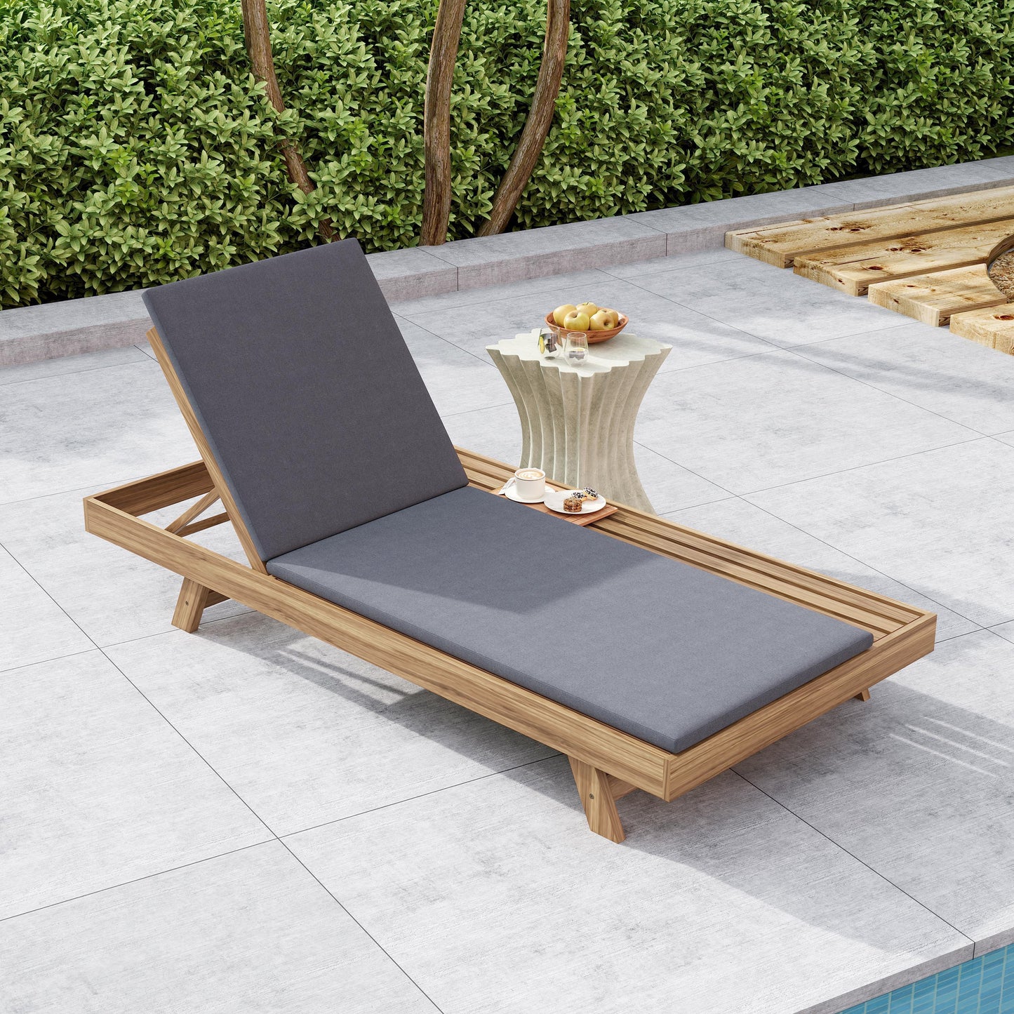 Lounge Chaise Set, Space Available On One Side, Acacia Wood In Light Brown With Water-Resistant Lounge Cushions  Dark Grey & 2 Inch Thick  -Matching Cream Leaf Coconut Version Available