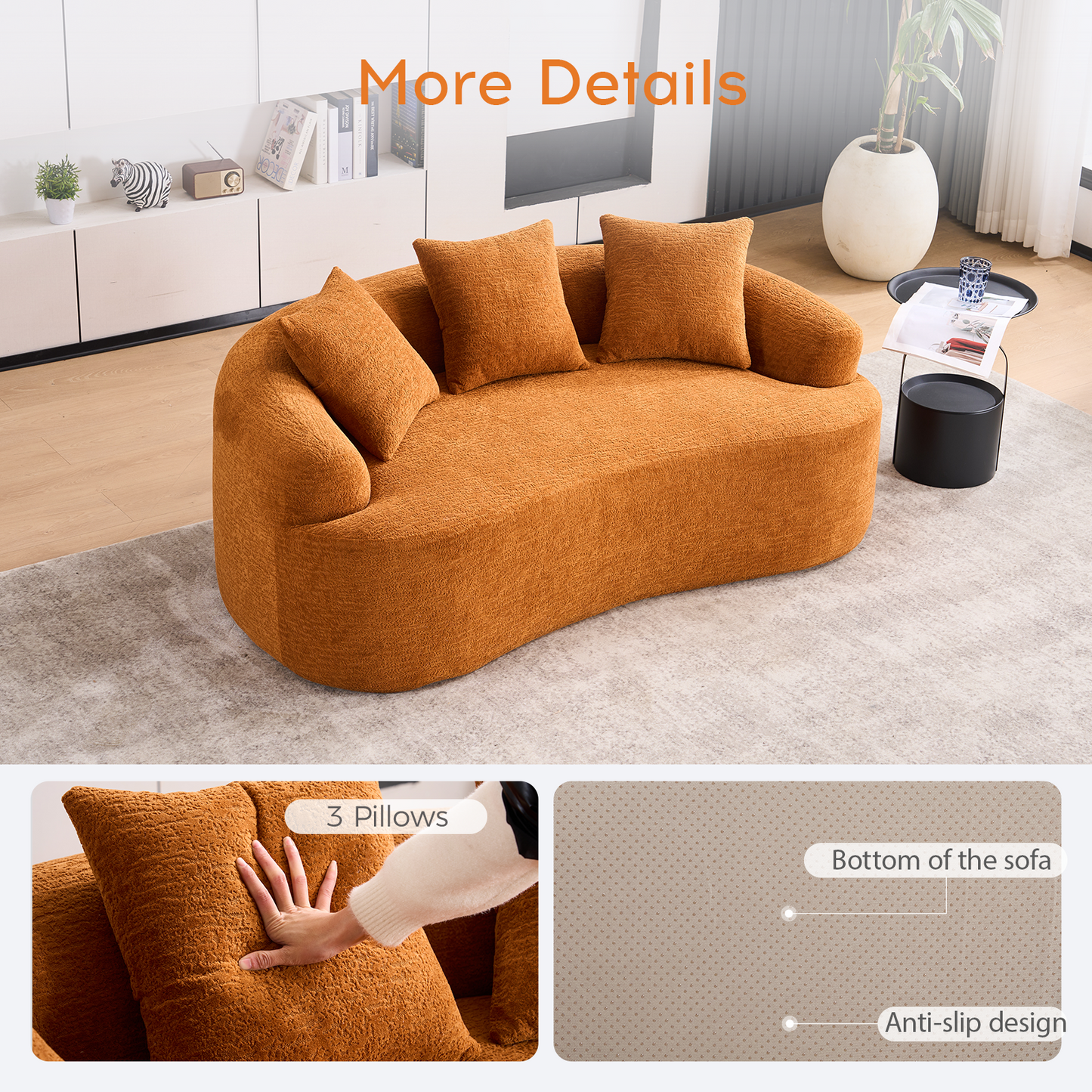 LY-025S Curved Loveseat Orange Full Compression Sponge Sofa  30D Chenille No-Assembly Compact Sofa For Small Spaces & Apartments  65L  300 Lbs  3 Pillows