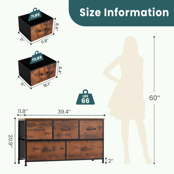 Dresser For Bedroom Storage Drawers Fabric Storage Tower With 5 Drawers, Chest Of Drawers With Fabric Bins