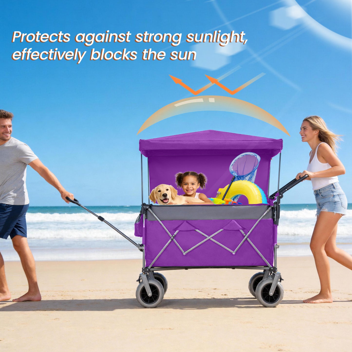 Multi- Functional Push- Pull Folding Wagon Cart With Rotating Handle & Canopy  9 X4  Beach Tires For Camping & Beach  Load Capacity 480lbs  300L Large Capacity For Transport  Groceries  Outdoor Use
