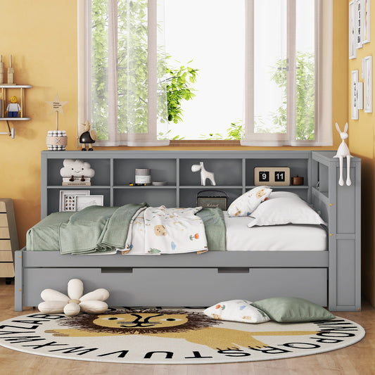 Wooden Full Size DayBed With Twin Size Trundle, DayBed With Storage Shelf And USB Charging Ports,Grey