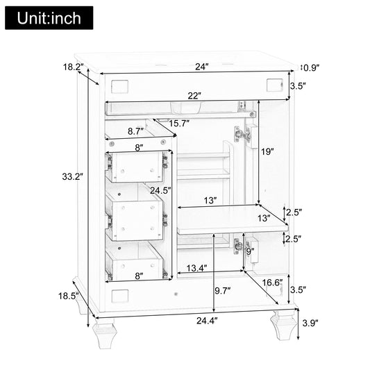 24 Inch Bathroom Vanity With Sink, White Freestanding Vanity Cabinet With Flip-Out Drawer, 3 Drawers & Storage Cabinet, Solid Wood & MDF, Ceramic Sink Top