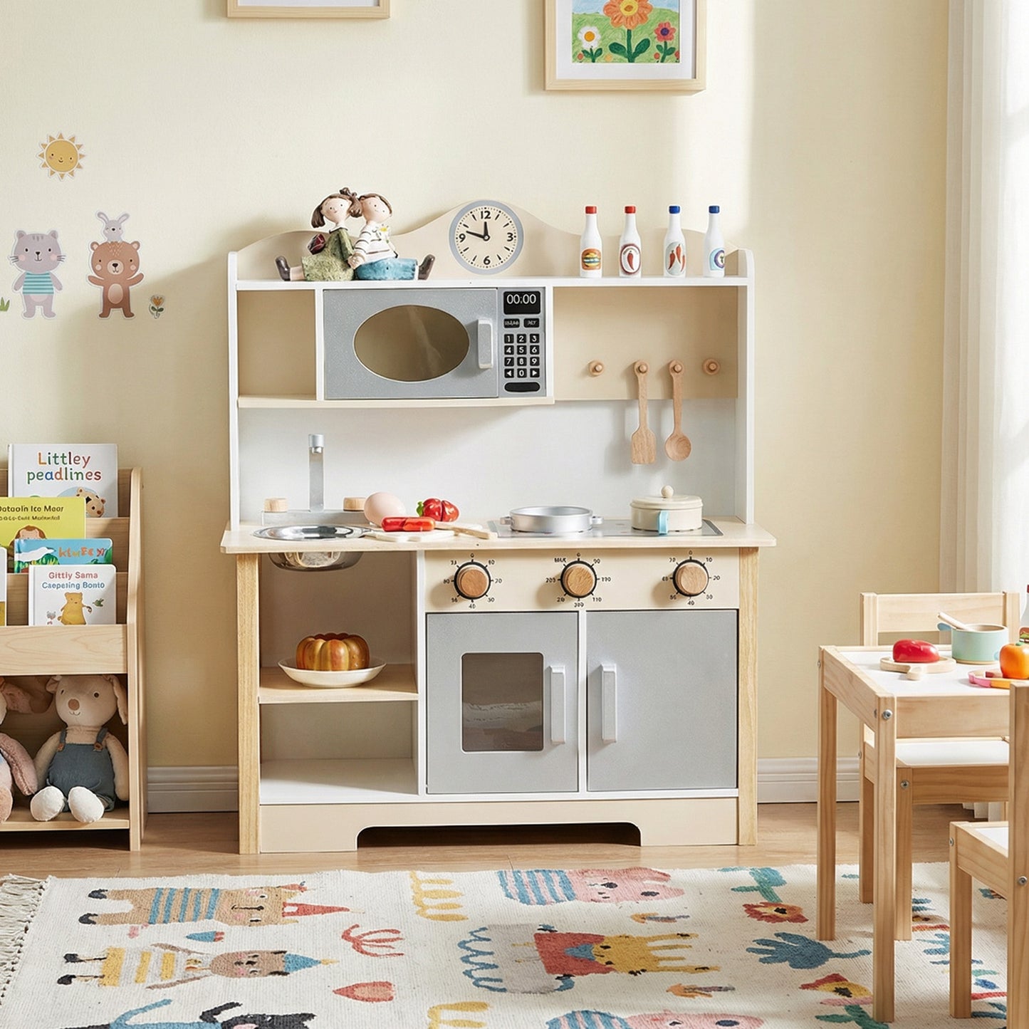 Wooden Play Kitchen Set Realistic Toddler Kitchen Playset With Oven Dishwashing Sink For Children Above 3 Years Old