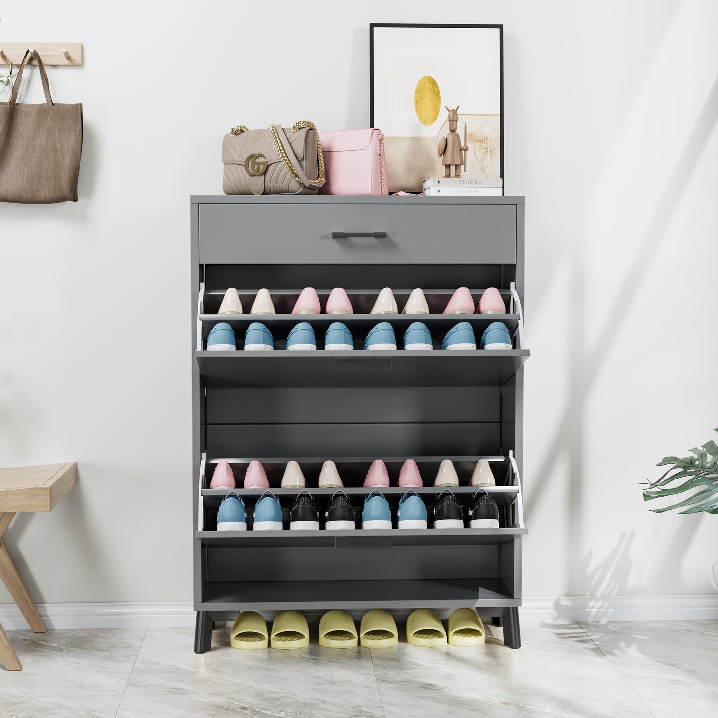 Shoe Storage Cabinet For Entryway, Free Standing Shoe Organizer With 2 Flip Drawers, Hidden Shoe Rack Storage Organizer For Doorway Hallway Closet, Gray