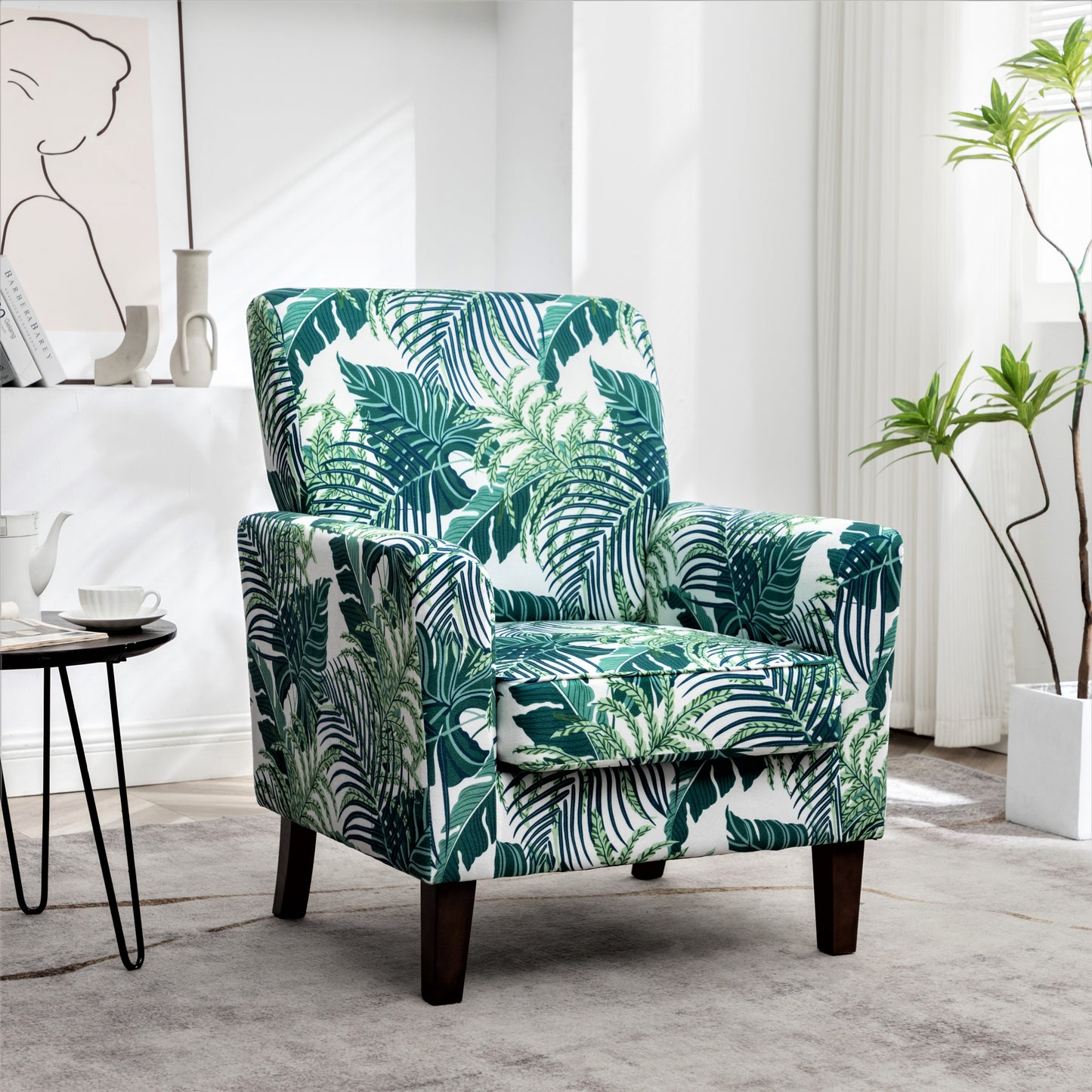 Patterned Polyester Blend Armchair, Solid Birch Wood Frame With Brown Tapered Legs, Foam Padded Accent Chair With Trim Detail For Living Room Office