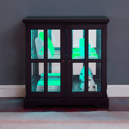 LED Curio Display Cabinet,Antique Display Cabinet With Adjustable Shelves,Retro Design Quality Showcase With Lattice Doors Elegant Bookcase And Storage Cabinet For Home Decor And Organization CHE