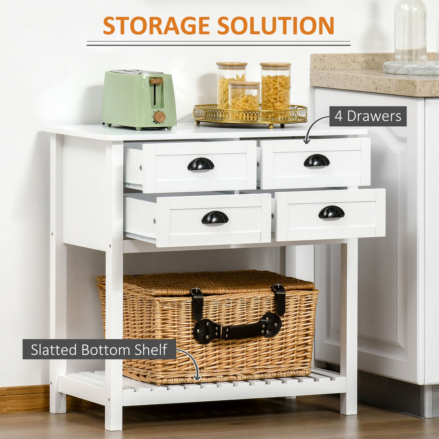 Sideboard Buffet Cabinet With Storage, Modern Coffee Bar Cabinet With 4 Drawers And Slatted Bottom Shelf, Console Table For Kitchen, Living Room, Dining Room, Hallway, White
