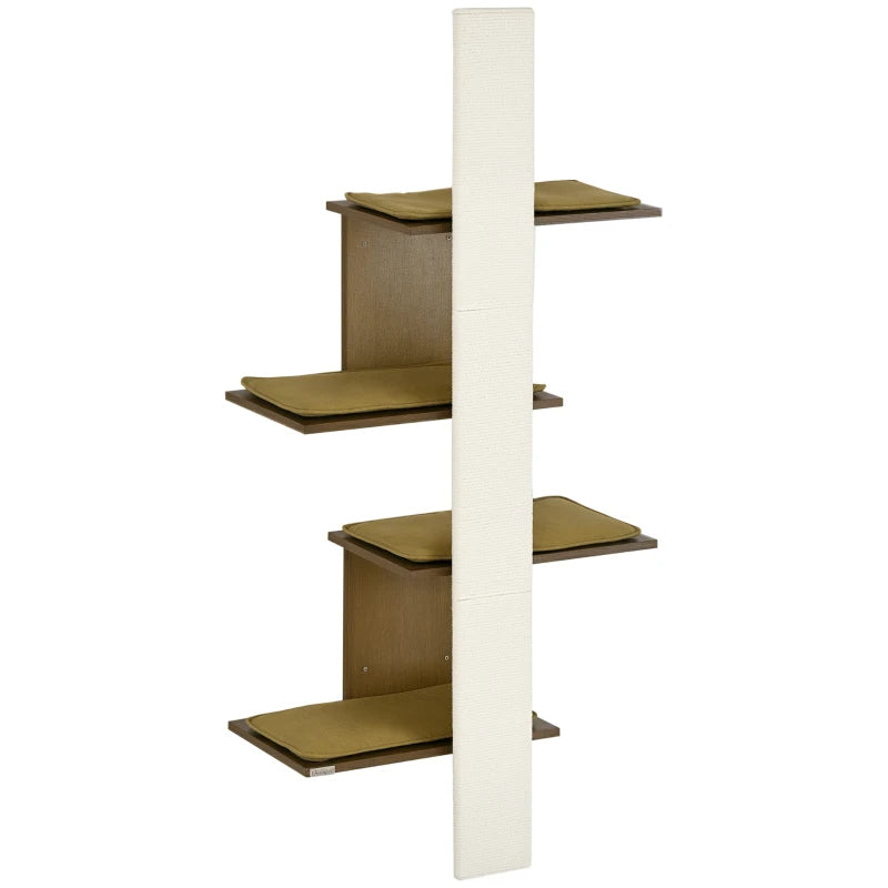 PawHut Wall-Mounted Cat Tree, 4-Layer Cat Wall Shelves Furniture With Scratching Board, Kitten Activity Center With Cushions, Natural
