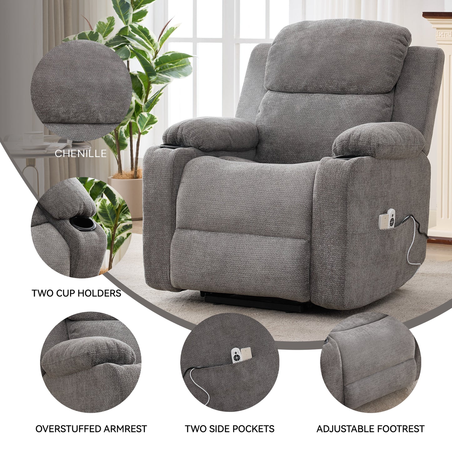 Infinite Position Single Motor Up To 350 LBS Power Lift Recliner Chair For Elderly, Heavy Duty Motion Mechanism With 8-Point Vibration Massage And Lumbar Heating, Cup Holders, Grey