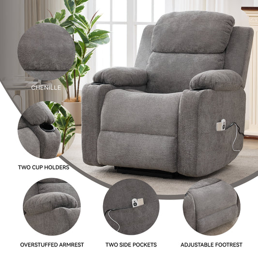 Infinite Position Single Motor Up To 350 LBS Power Lift Recliner Chair For Elderly, Heavy Duty Motion Mechanism With 8-Point Vibration Massage And Lumbar Heating, Cup Holders, Grey
