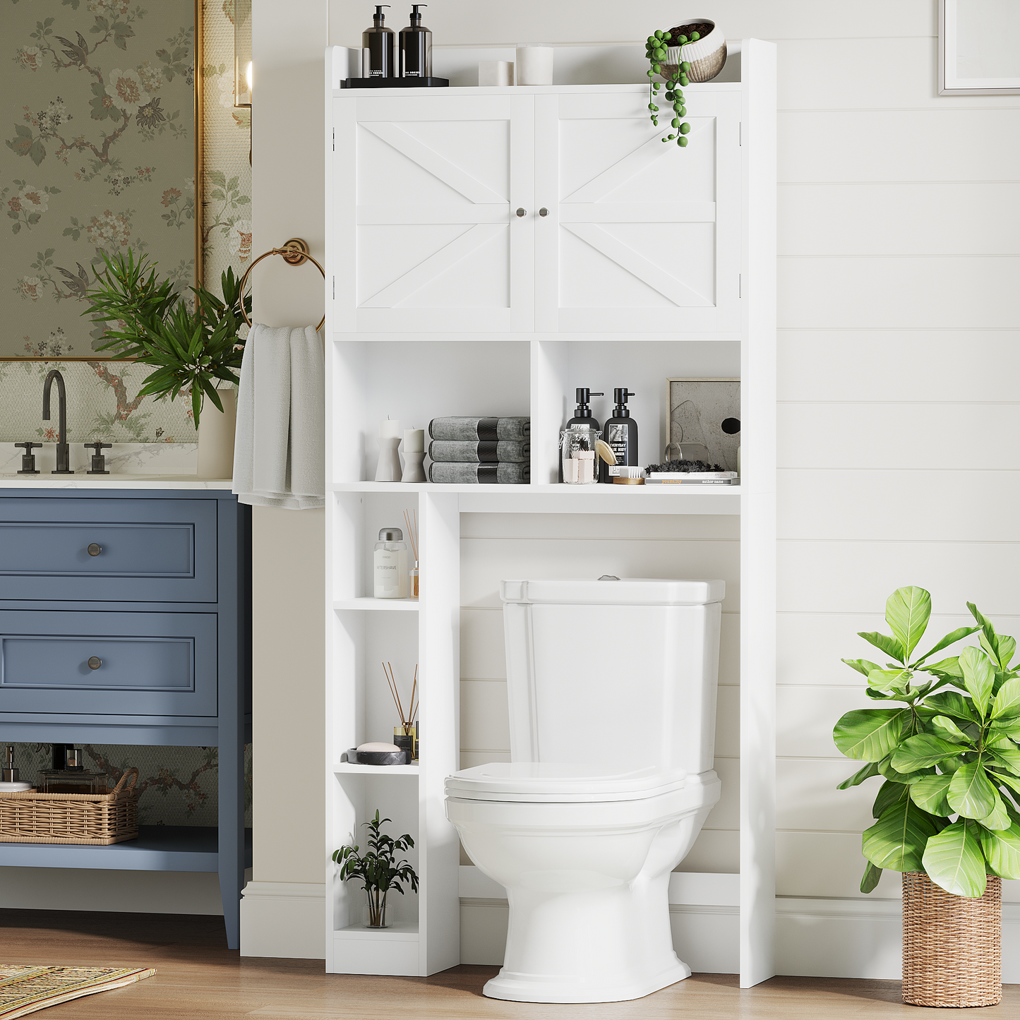 Over-The-Toilet Storage Cabinet With Adjustable Shelf, Bathroom Space Saver With Double Doors And Open Shelves, Freestanding Toilet Organizer Rack For Bathroom Storage  White