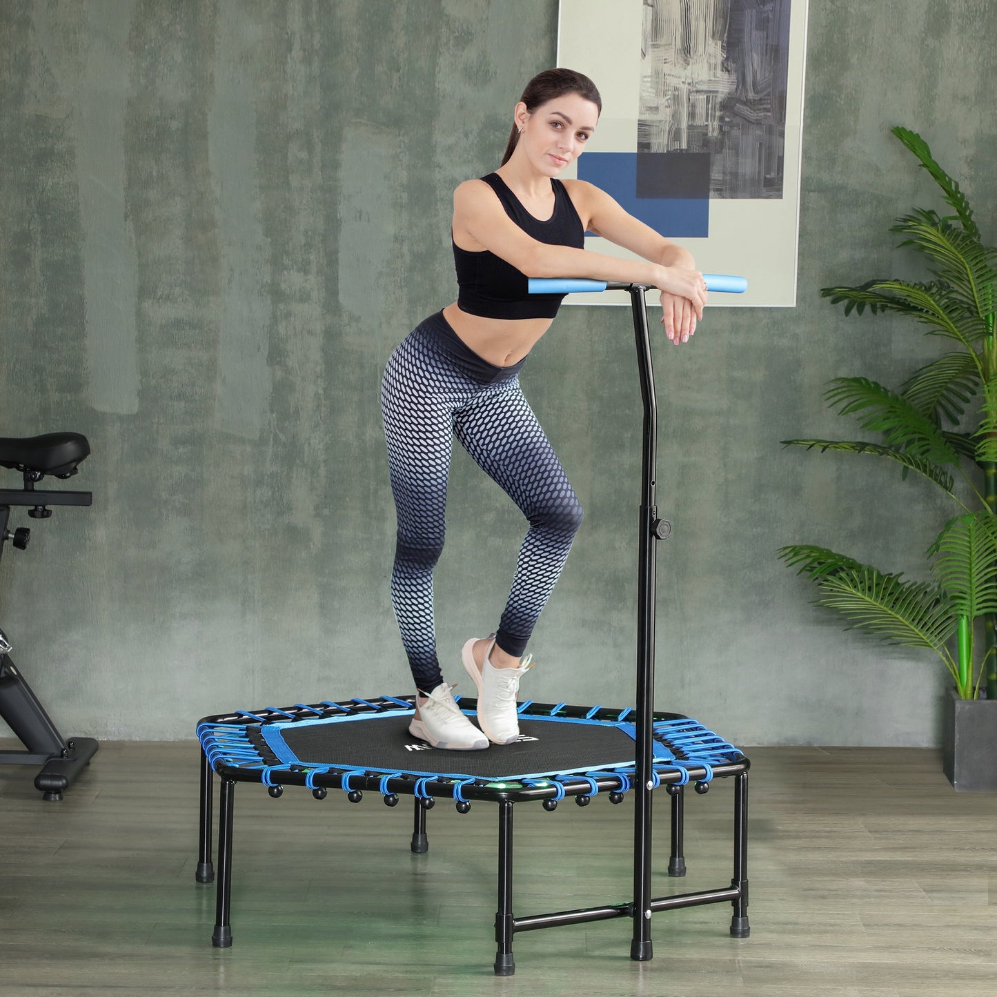 45" Rebounder Trampoline For Adults, Quiet Bungee Rebounder With LED Lights And Adjustable Handle, Blue