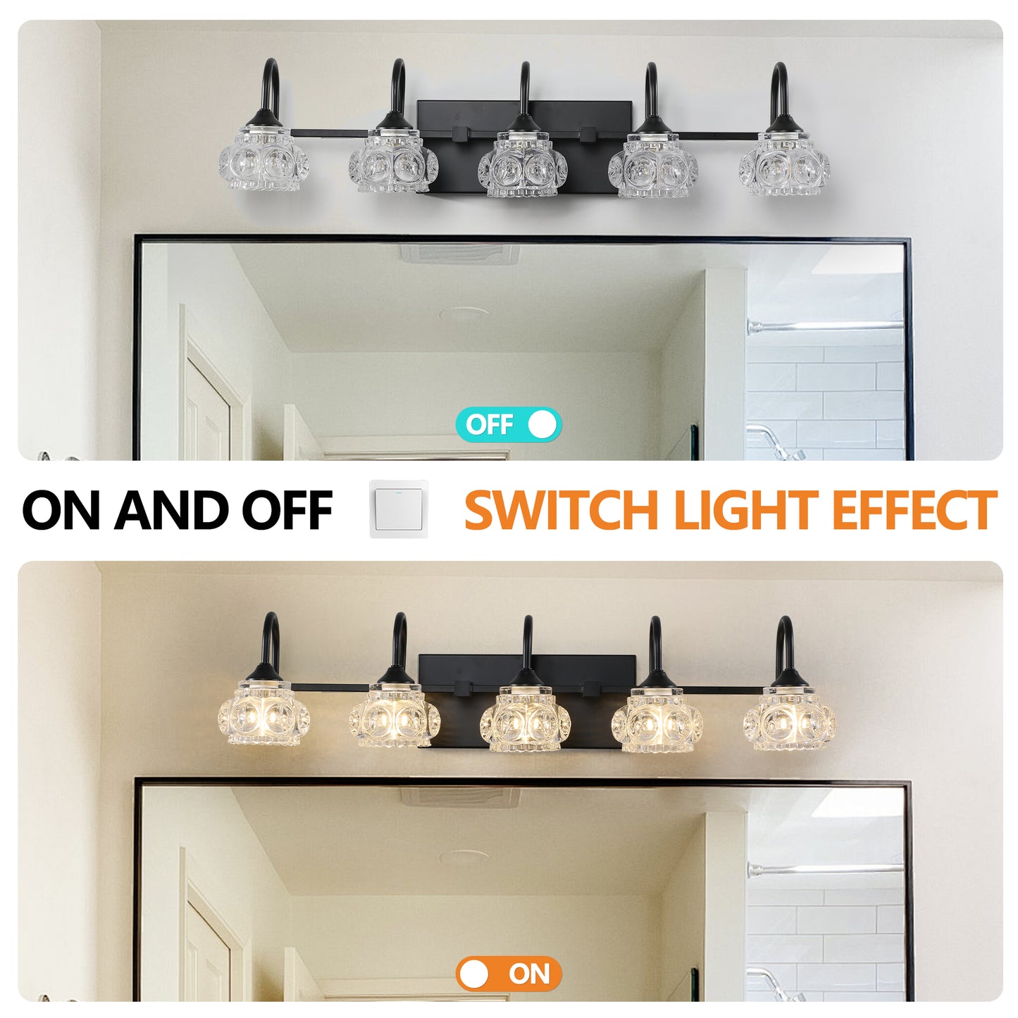 29  Retro 5-Light Bathroom Vanity Light Fixture - Black Finish With Crystal Glass Shades, Wall Mounted Lighting For Bathroom, Powder Room, And Vanity Mirror  No Bulbs