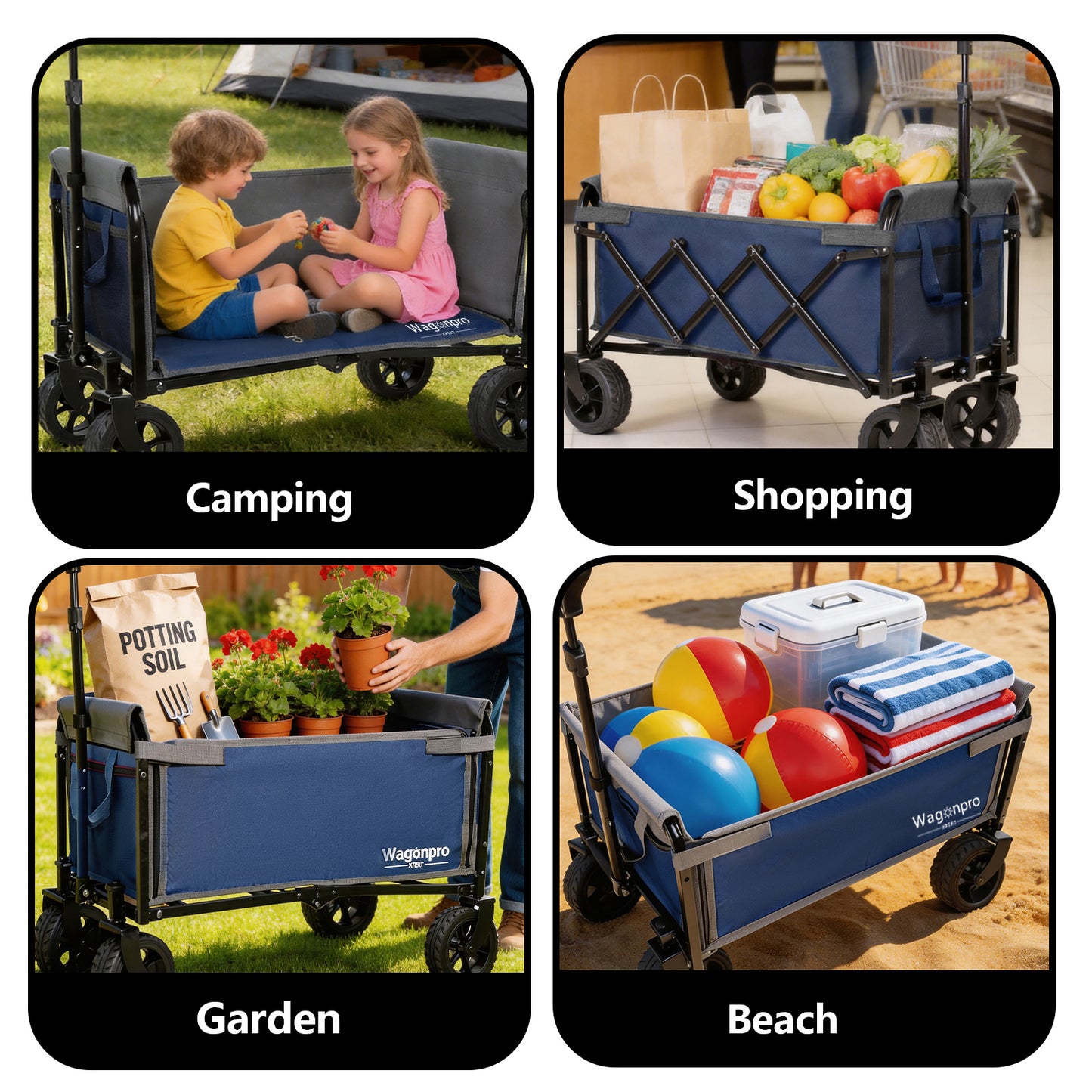 Upgraded 5x2  Wide Wheels  All- In- One Convertible Folding Trolley With Full- Side Opening & Dog Leash  Versatile Seating & Storage  220Lbs Capacity For Camping  Beach  Shopping  Dark Blue