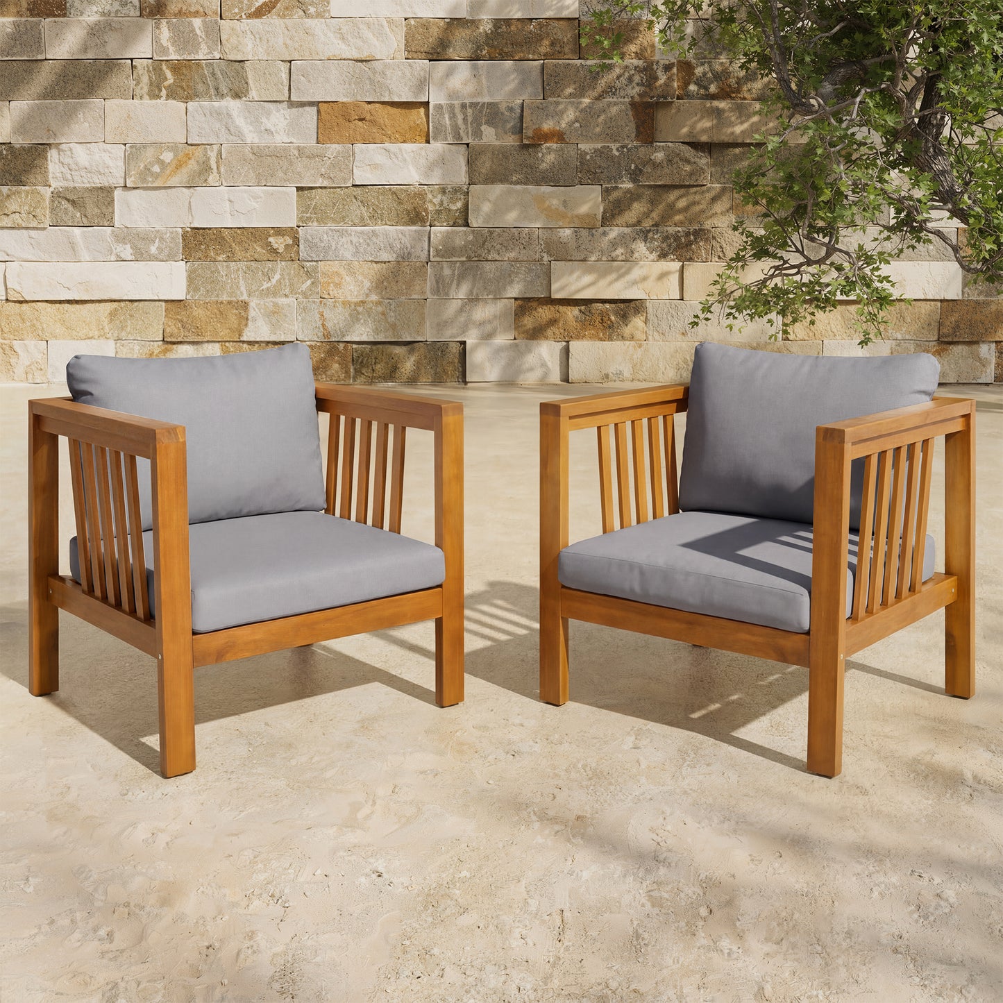 Set Of 2 Outdoor Acacia Wood Club Chairs With Modern Square Arms, 2-Piece Patio Conversation Set With Thick Cushions, Adjustable Leveling Feet For Poolside,  Deck, Grey Cushions