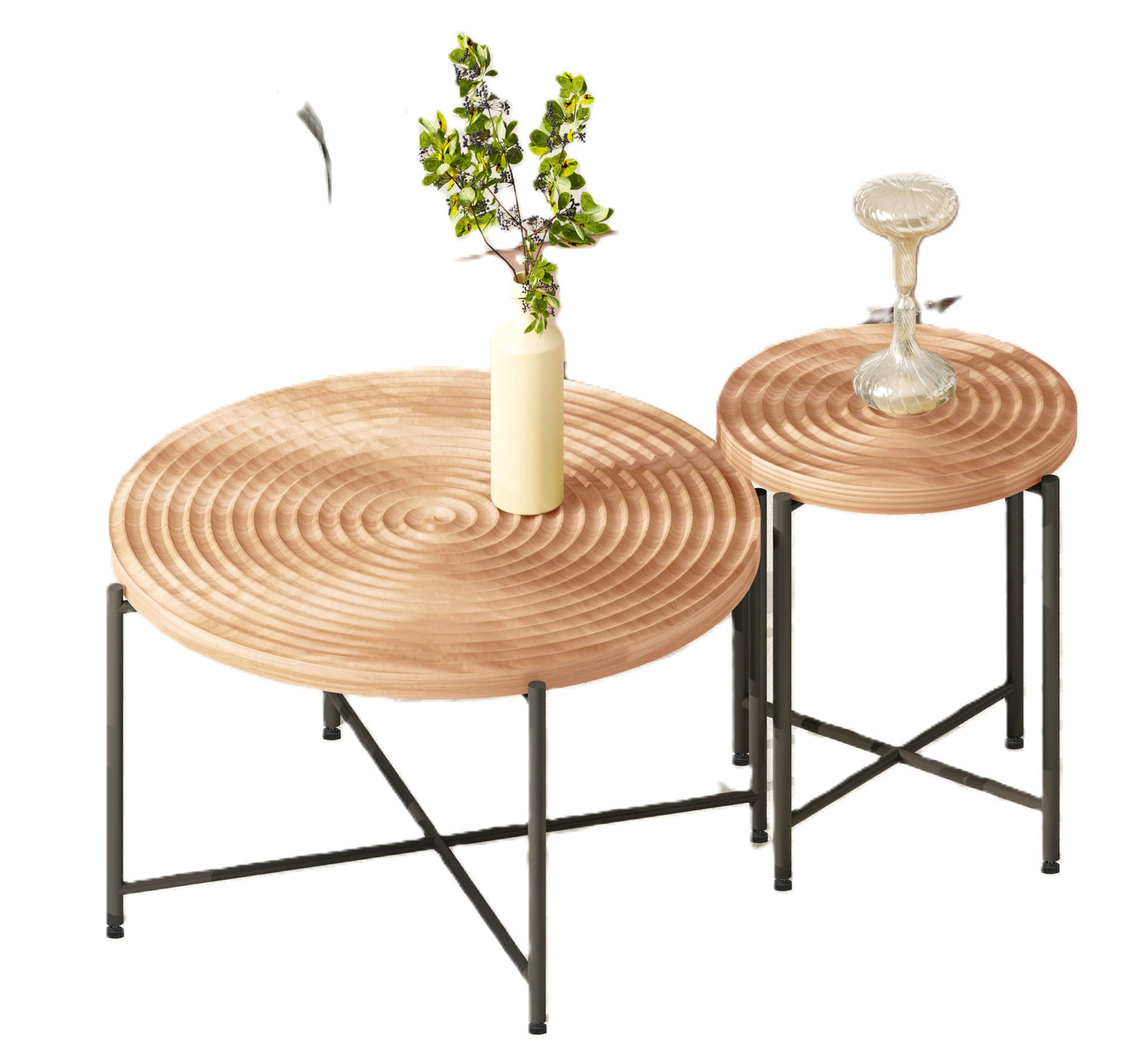 2-Piece Coffee And End Table Set -Waterproof MDF With PVC Cover, Distressed Cylindrical Design, Black Metal Legs -Classic Rustic Charm, Red Cedar-Brown