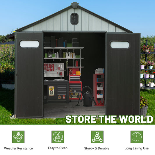 8X10FT Outdoor Resin Storage Shed, Waterproof Plastic Garden Shed With Lockable Door, Windows & Vents, Outside Tool Storage Shed For Patio Furniture, Lawn Mower, Bike
