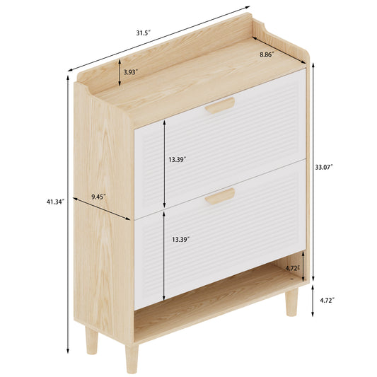 31.5 Inch Nordic Style Shoe Storage Cabinet With 2 Flip Drawers  Freestanding Organizer With Solid Wood Legs For Entryway  Narrow Shoe Rack Cabinet  White And Solid Wood Color Matched