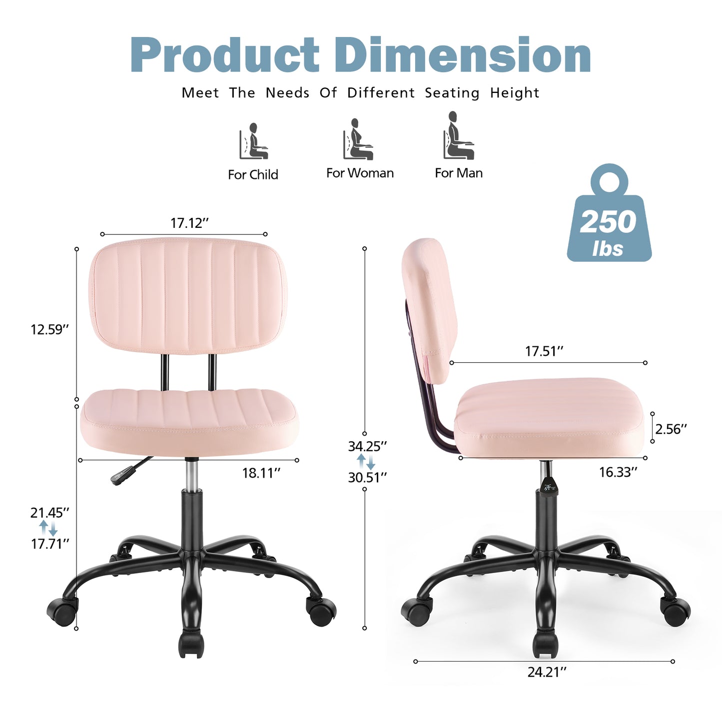 A Small Office Chair With A Low Back Support, A Height-adjustable Work Chair, And Equipped With 360-degree Rotating Wheels