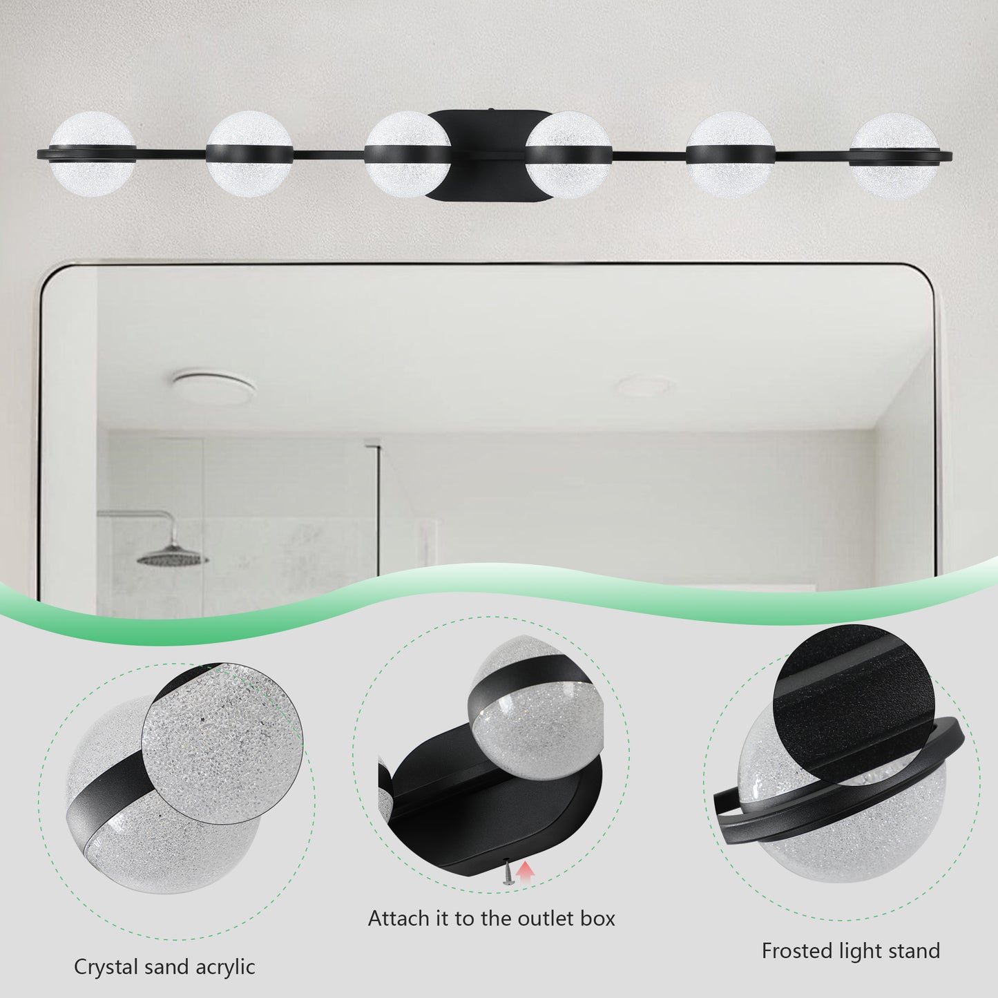 43in Black Minimalist LED Bathroom Vanity Light With Crystal Sand Acrylic Shades,6-Light Wall Mounted Decorative Lighting Fixture, Suitable For Bathroom Vanity Mirror