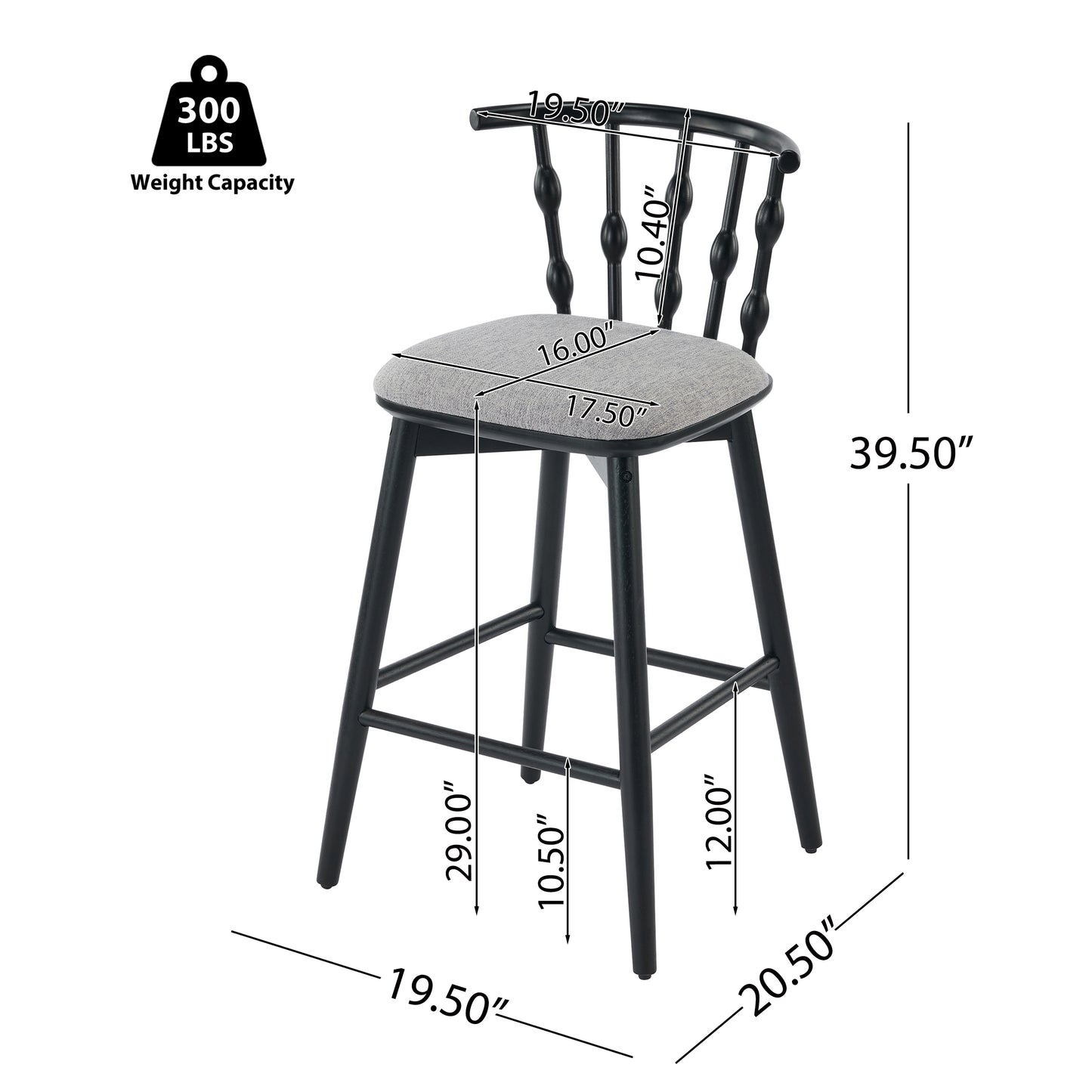 Doria Indoor Wooden Barstool  Black Finish With Grey Upholstery  Set Of 2