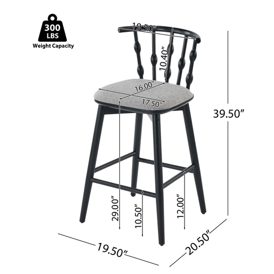 Doria Indoor Wooden Barstool  Black Finish With Grey Upholstery  Set Of 2