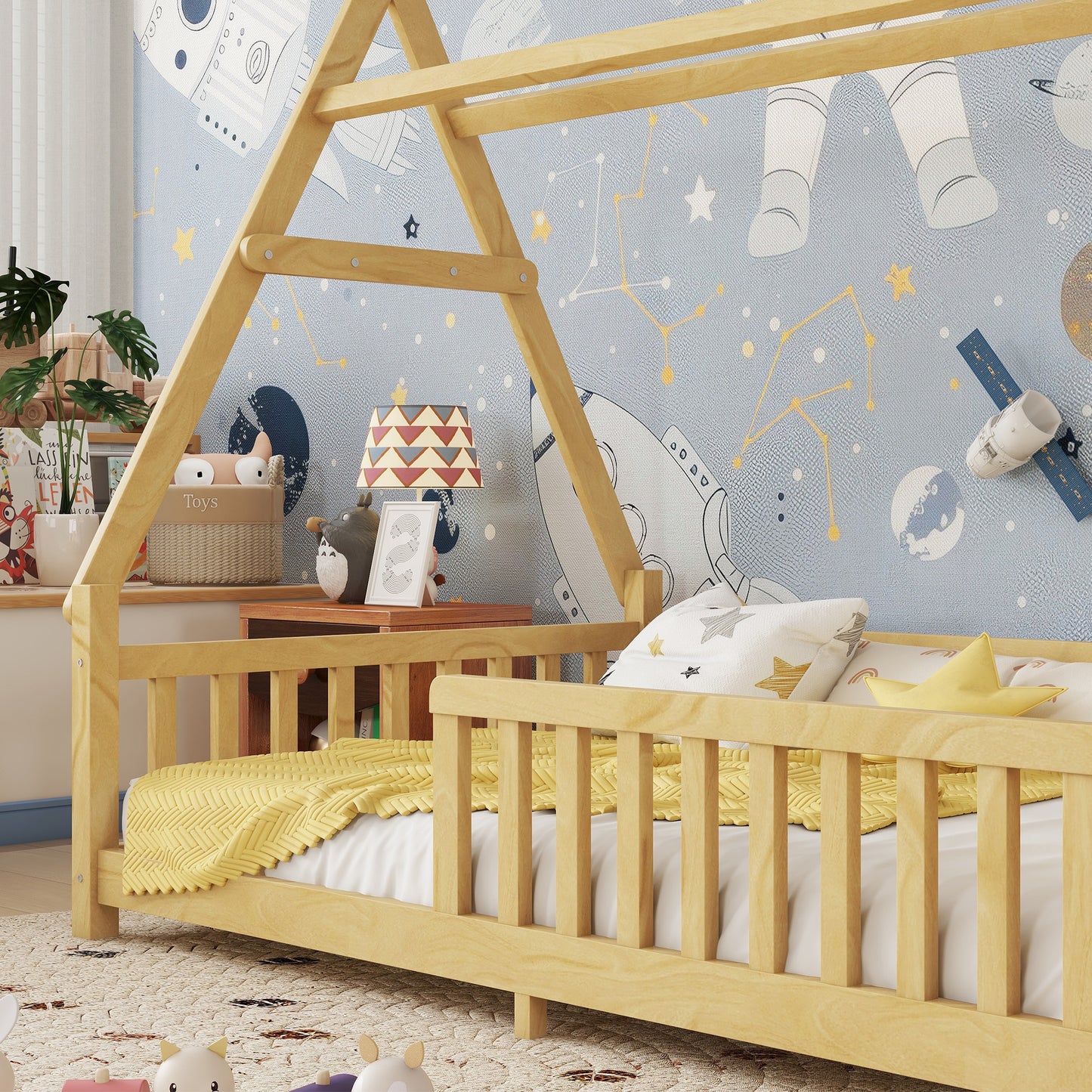 Twin House Bed With Light, Low Floor House Bed With Fence And Roof For Kids Boys Girls,NaturalExpect Arrive Date 2026 4 2   Old SKU W2593P296911
