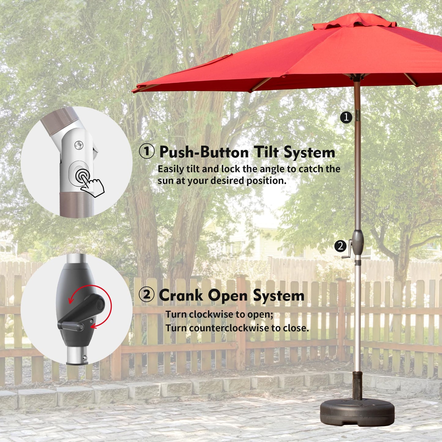 10FT Patio Umbrella, Outdoor Table Umbrella With Push Button Tilt And Crank, UV Protection Waterproof Market Sun Umbrella With 8 Sturdy Ribs For Garden, Deck, Backyard, Pool  Brick Red