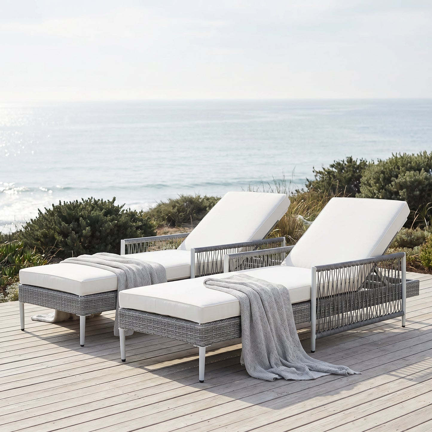 TOPMAX Outdoor All-Weather PE Rattan Chaise Lounge, Minimalist Patio Wicker Lounge Chair With 6 Gear Adjustable Recliner, Arms And Cushion For Poolside, Deck, Set Of 2, Grey