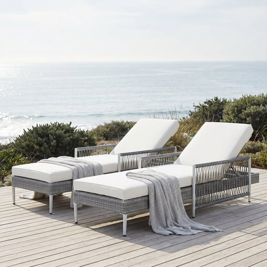 TOPMAX Outdoor All-Weather PE Rattan Chaise Lounge, Minimalist Patio Wicker Lounge Chair With 6 Gear Adjustable Recliner, Arms And Cushion For Poolside, Deck, Set Of 2, Grey